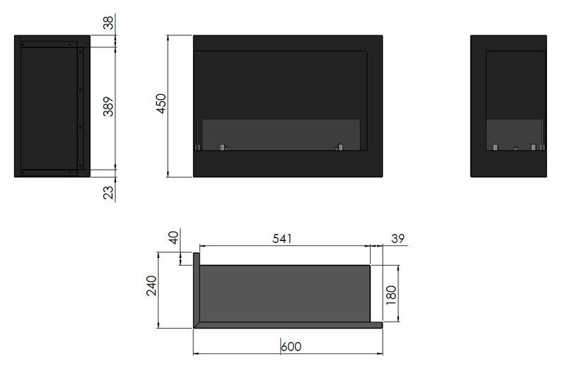 Cheminée au bioéthanol encastrable 60x45 cm Coin 600 Droit Droit Noir