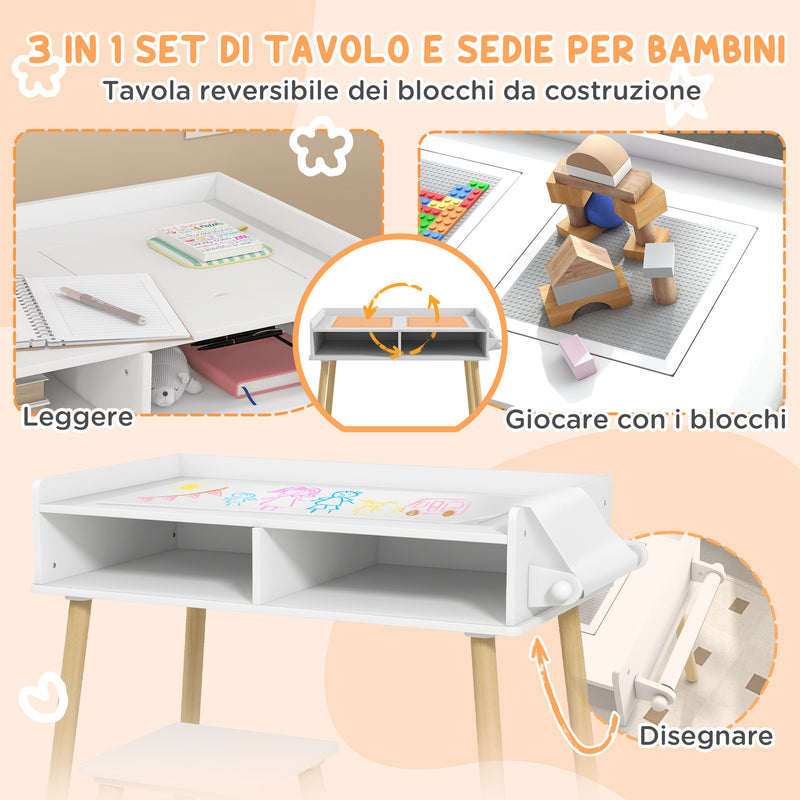 Set Tavolino con Sgabello per Bambini Banchetto con Piano Reversibile e Rotolo di Carta Bianco-4