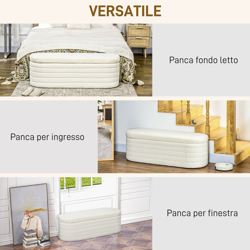 Panca Fondoletto con Vano Contenitore 116x41x40,5 cm in Tessuto Teddy Crema  -6