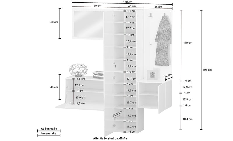 Mobile Ingresso Appendiabiti e Specchio 170x35x191 cm Kompact Bianco Lucido  -5