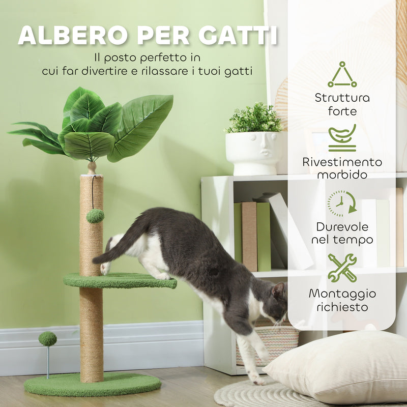 Albero Tiragraffi per Gatti Palo in Juta Piattaforme in Peluche e Palline Ø40x83 cm Verde-4