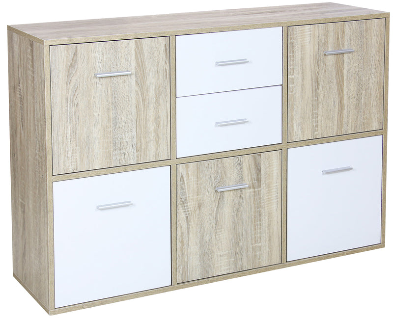 Mobile 5 Ante 2 Cassetti 115x30x77 cm in Legno Truciolare Bianco e Sonoma Seconda Scelta-1