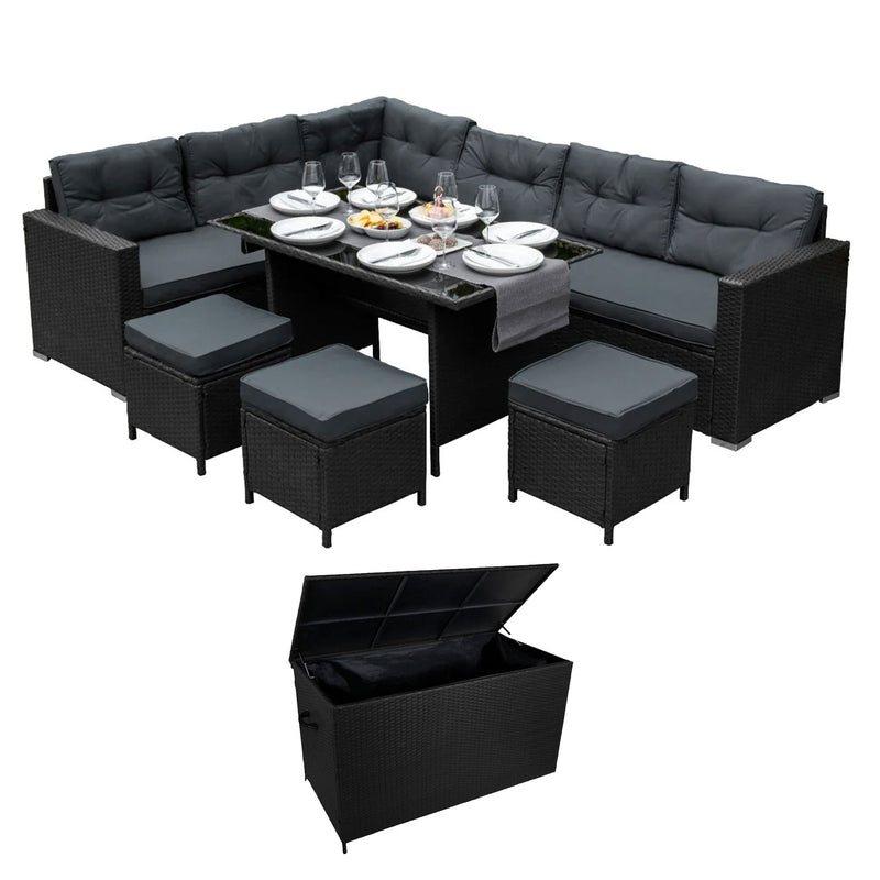 Set Salotto da Giardino 240x186x70 cm ad Angolo con Tavolo e Box Contenitore in Rattan Nero-1