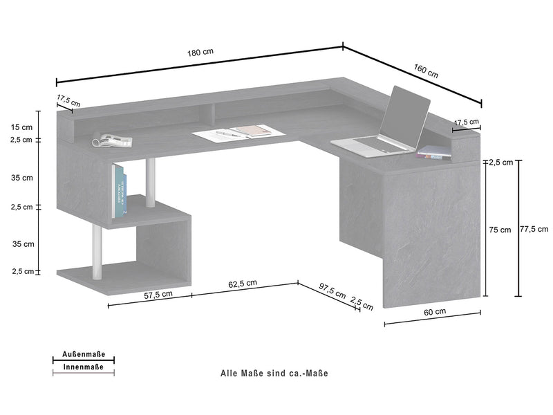 Scrivania Angolare a Giorno 182x160x60x92,5h cm Esse Rovere Wotan  -8