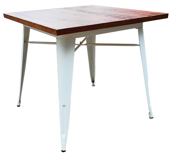 sconto Table de jardin 80x80x75 cm en métal avec plateau industriel en bois blanc