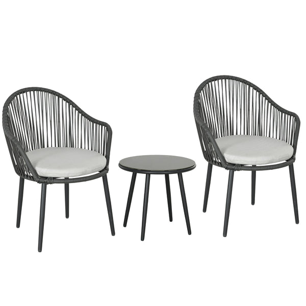 Set Tavolino da Caffè con Piano in Vetro e 2 poltroncine da Giardino in Rattan con Cuscini Grigio sconto