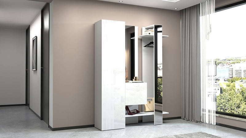 Mobile Ingresso Appendiabiti e 2 Specchi 140x35x191 cm Kompact Bianco Lucido  -1