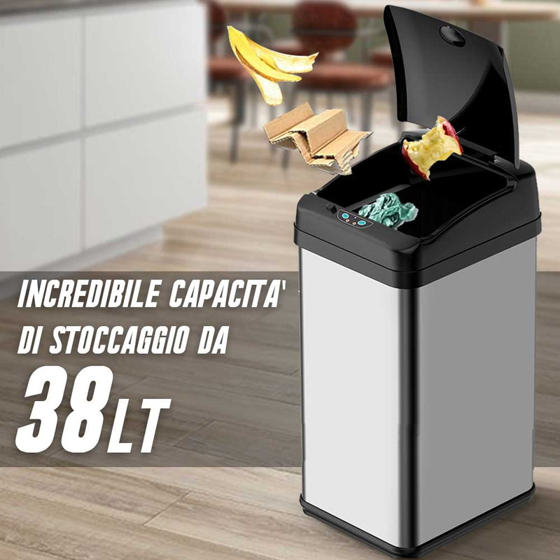 Pattumiera Automatica cn Sensore Elettrico 38Lt Bidone Spazzatura Cucina Acciaio-2