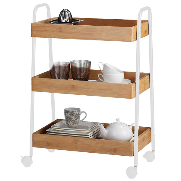 Carrello Trolley Cucina in Metallo 3 Ripiani in legno 4 Ruote Salvaspazio Bianco online