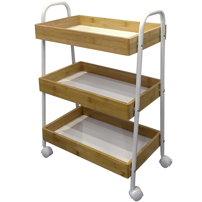 Carrello Trolley Cucina in Metallo 3 Ripiani in legno 4 Ruote Salvaspazio Bianco-4