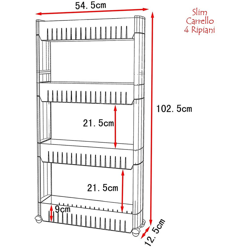 Carrello Carrellino Slim Salvaspazio Cucina Bagno Ripostiglio 4 Ripiani e 4Ruote-5