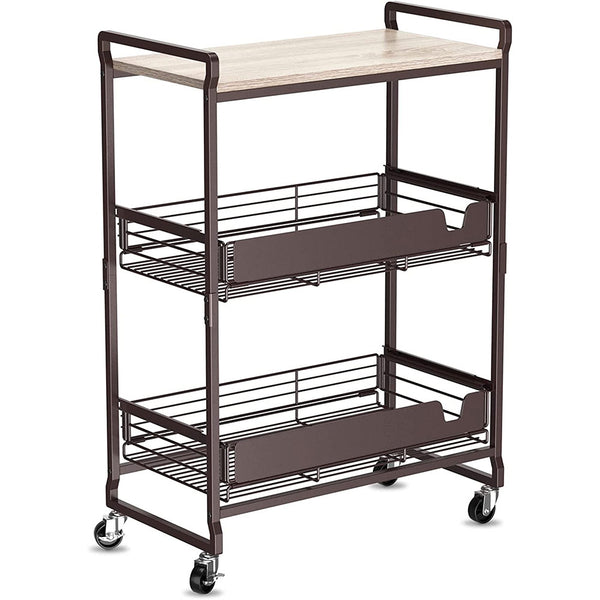 Carrello da Cucina 3 Ripiani con Ruote e 2 Cesti Portaoggetti 65x33x91cm Bronzo sconto