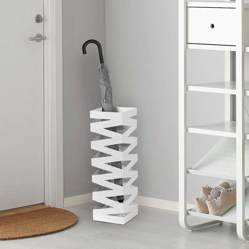 Portaombrelli in Metallo Design Quadrato Stand Bianco Vaschetta Salvagoccia-4