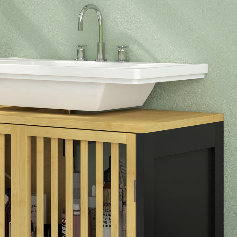 Mobile Sottolavabo Bagno con 2 Ante a Doghe 60x30x70 cm in Legno di Bambù e MDF con Intaglio a U Legno Naturale e Nero-8