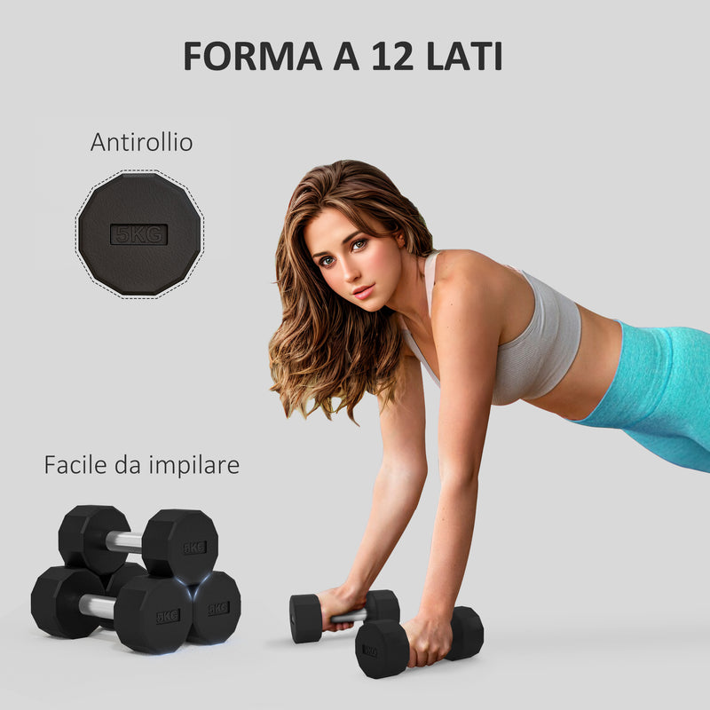 Set 2 Manubri Palestra 5 kg Pesi esagonali Manico in Acciaio  Nero-4