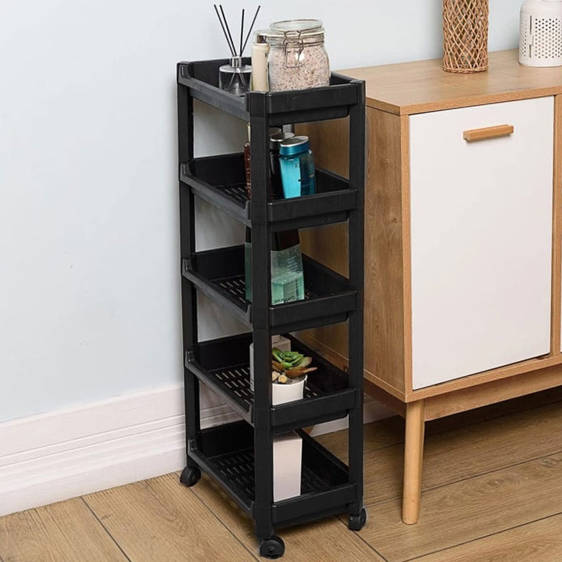 Carrello Salvaspazio Cucina Bagno Scaffale Portaoggetti Multiuso Nero 5 Ripiani-5