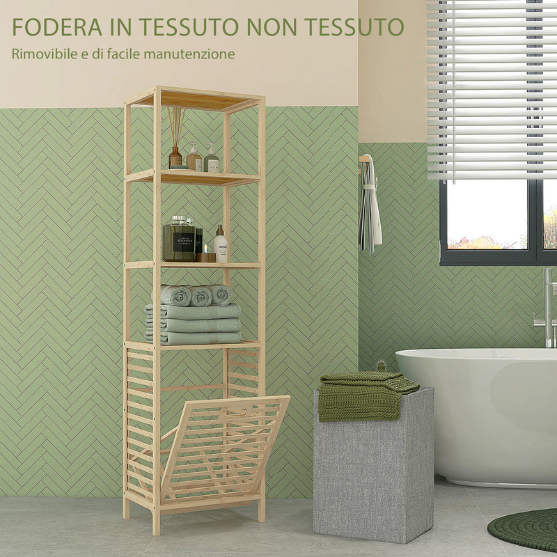 Colonna Bagno con 3 Ripiani e Cesto Portabiancheria in Tessuto 44x33x160 cm in Legno di Bambù -5