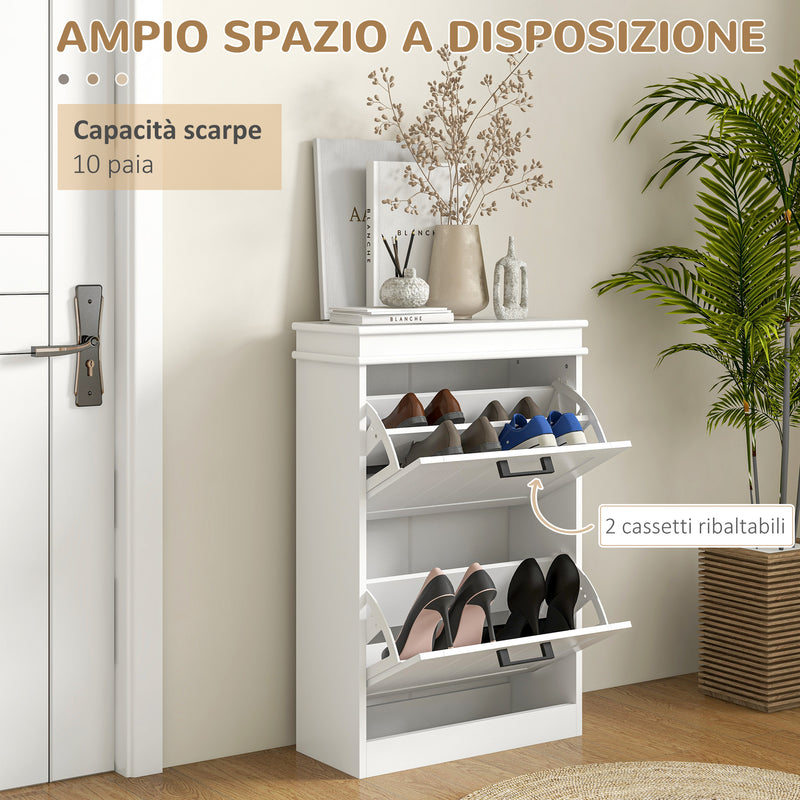 Scarpiera Salvaspazio Design Moderno 2 Cassetti Ribaltabili 54x24x82,5 cm Bianco -4