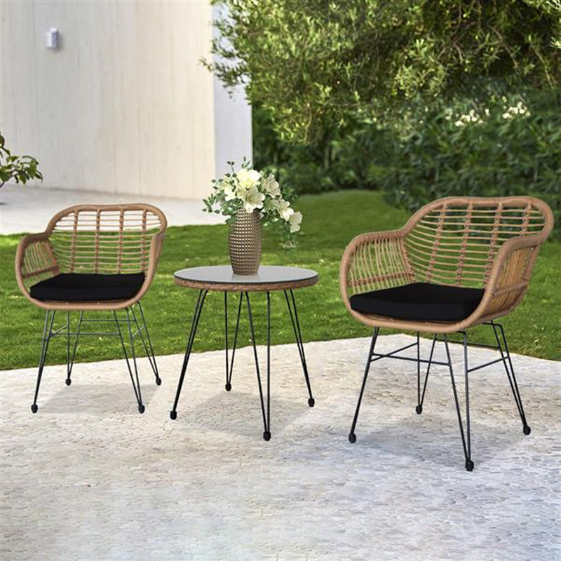 Set Arredo Giardino in Rattan con Tavolino Ripiano in Vetro e 2 Sedie da Esterno-3