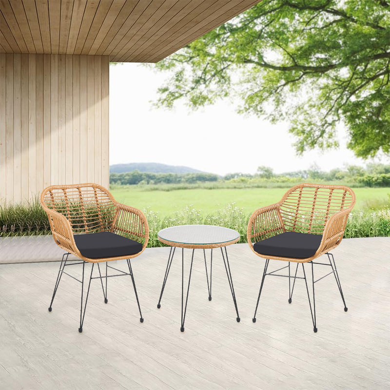 Set Arredo Giardino in Rattan con Tavolino Ripiano in Vetro e 2 Sedie da Esterno-4