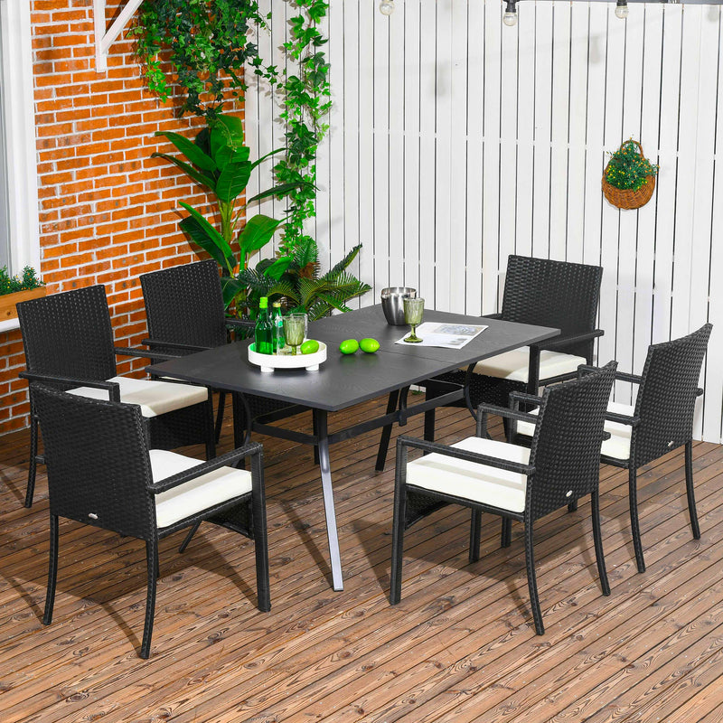 Set Tavolo e 6 Sedie da Giardino con Cuscini in Acciaio Rattan PE Nero e Beige-2