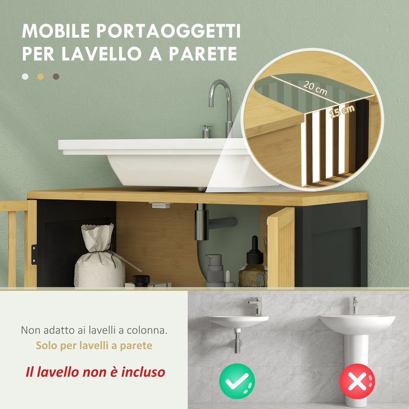 Mobile Sottolavabo Bagno con 2 Ante a Doghe 60x30x70 cm in Legno di Bambù e MDF con Intaglio a U Legno Naturale e Nero-4