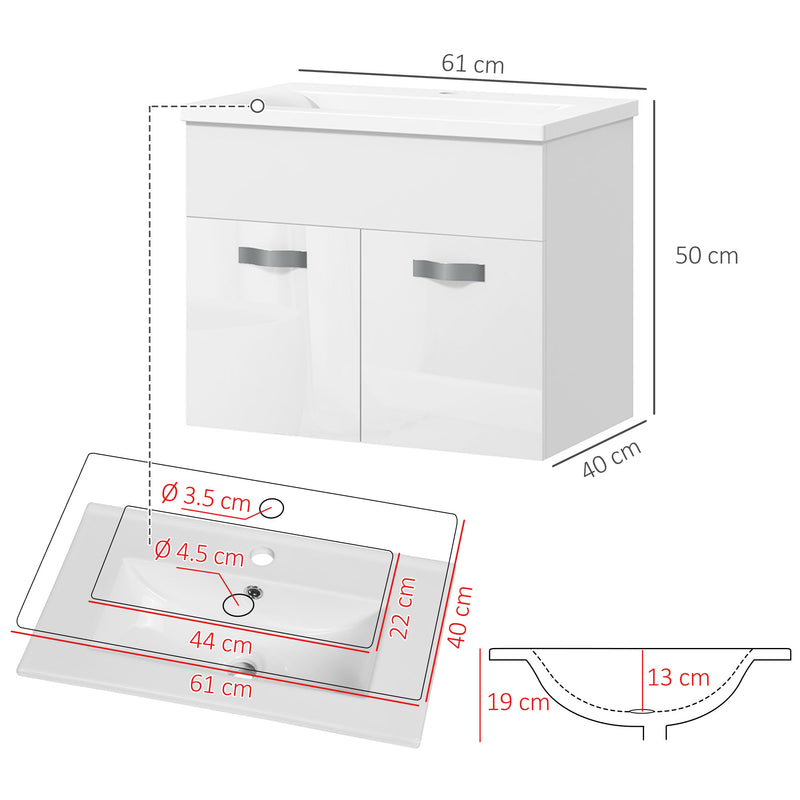 Mobile da Bagno Sospeso con Lavabo in Ceramica 61x40x50 cm Bianco Lucido  -3