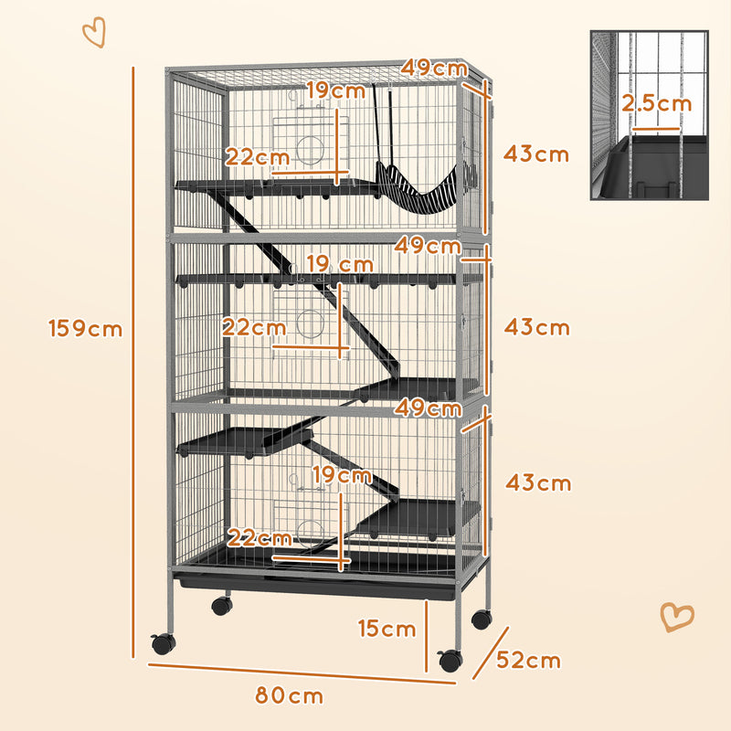 Gabbia per Conigli con 4 Ingressi a Livelli Multipli con Amaca 80x52x159 cm in Acciaio e PP Argento e Grigio-3