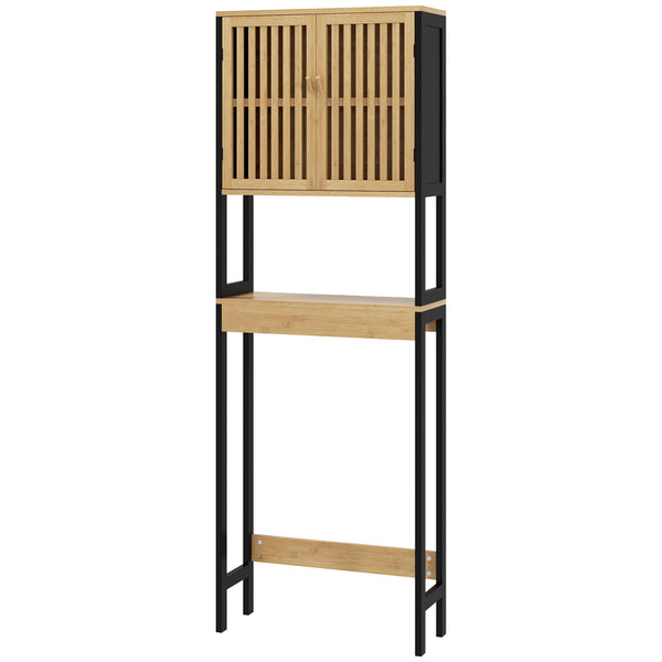 Mobile Sopra WC con Armadietto 2 Ante a Doghe e Ripiano Aperto 60x21,5x172 cm in Bambù e MDF Legno Naturale e Nero sconto