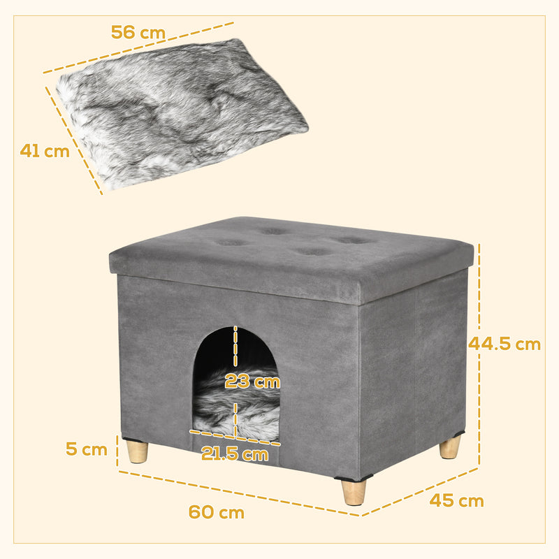 Casetta per Gatti Pouf Poggiapiedi Imbottito 60x45x44,5 cm con Cuscino Rimovibile e Lavabile Grigio-3