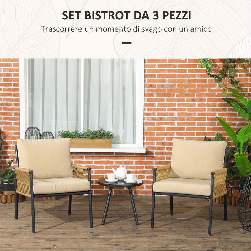 Set Tavolino e 2 Poltroncine con Cuscini da Giardino in Rattan PE Acciaio e Poliestere Beige-4