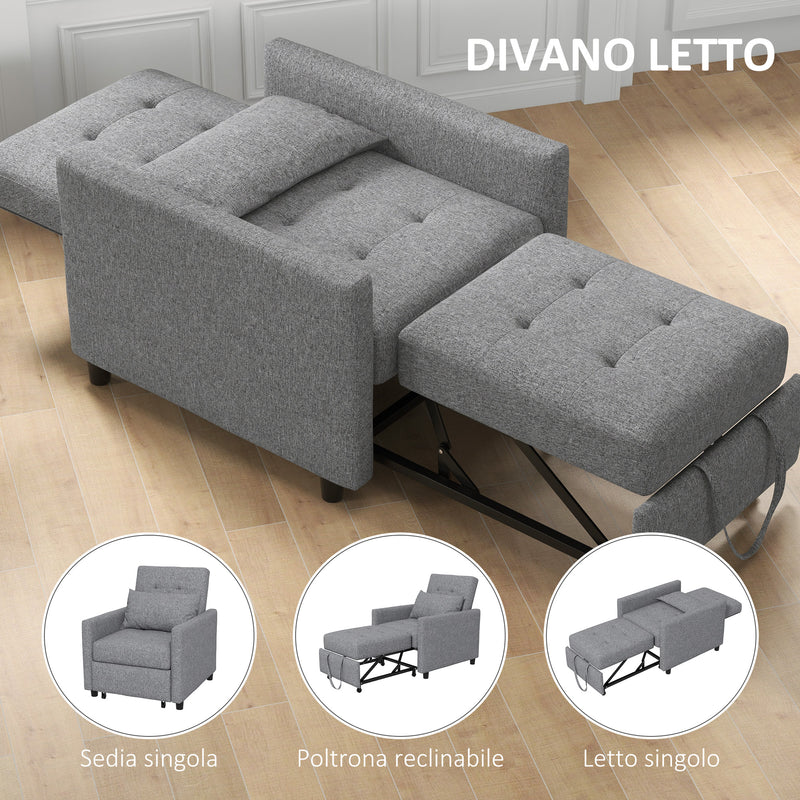 Poltrona Letto Singolo Reclinabile con Cuscino Sfoderabile in Tessuto Effetto Lino Grigio  -4