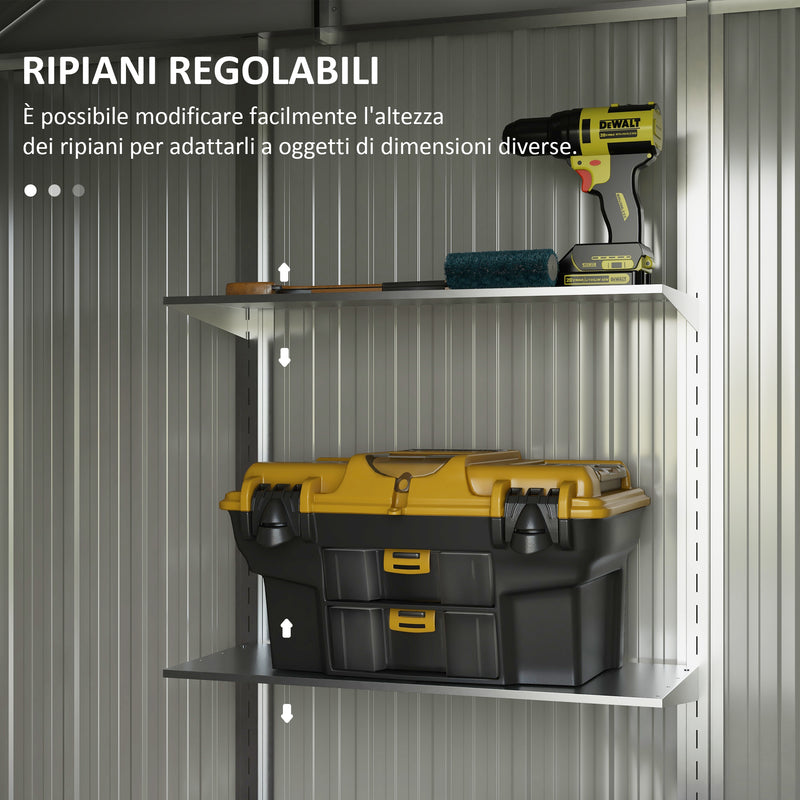 Capanno Porta Attrezzi con Ripiani Regolabili e 2 Finestre 238x132x198,5 cm in Acciaio Zincato Grigio Scuro-4