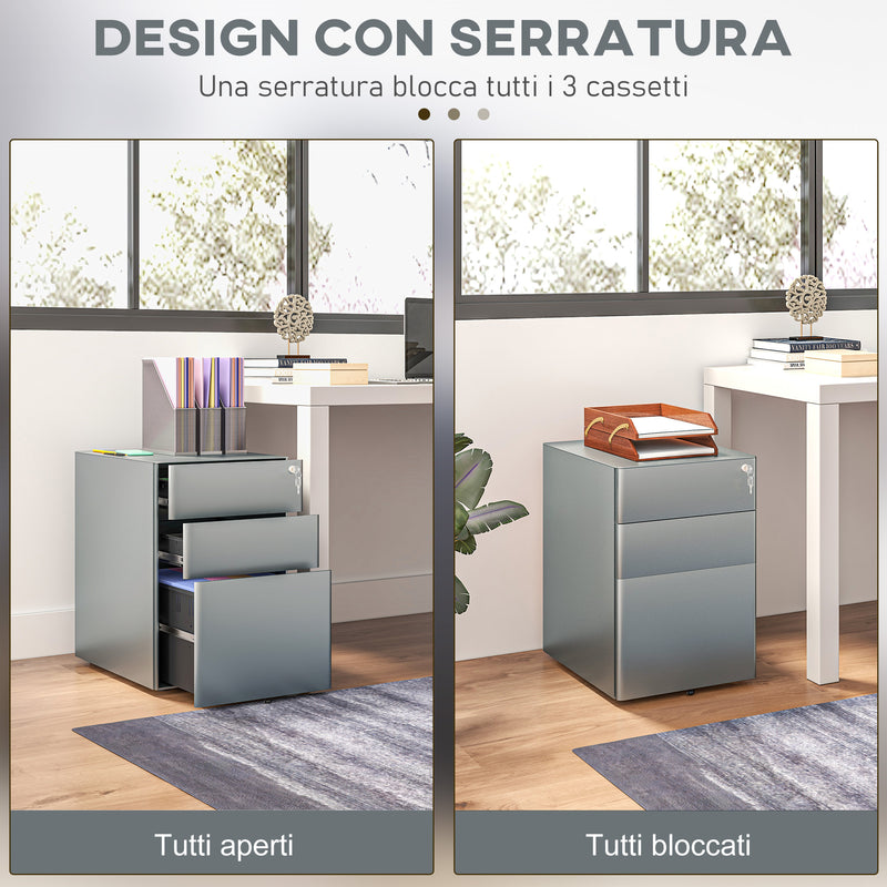 Cassettiera da Ufficio 3 Cassetti con Serratura e Ruote 39x48x59 cm in Acciaio Grigio -4