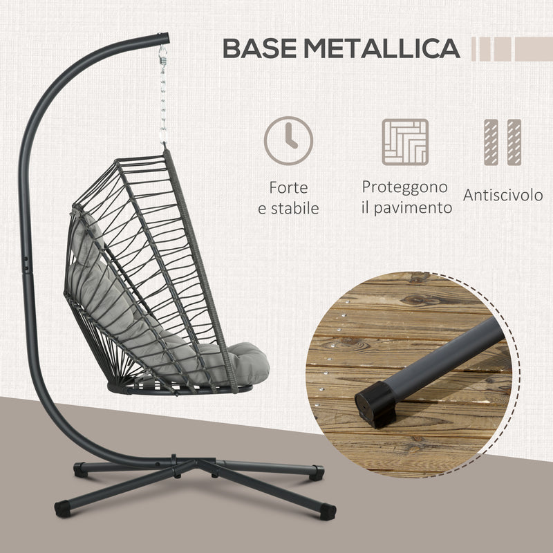 Dondolo Pensile da Giardino in Rattan PE con Cuscino Seduta Pieghevole e Struttura in Acciaio Grigio-5