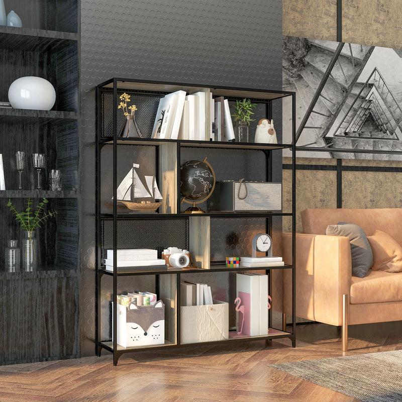 Libreria Design Industriale a 5 Livelli Porta Metallica Scorrevole 120x30x161 cm in Legno e Acciaio Nero e Grigio-2