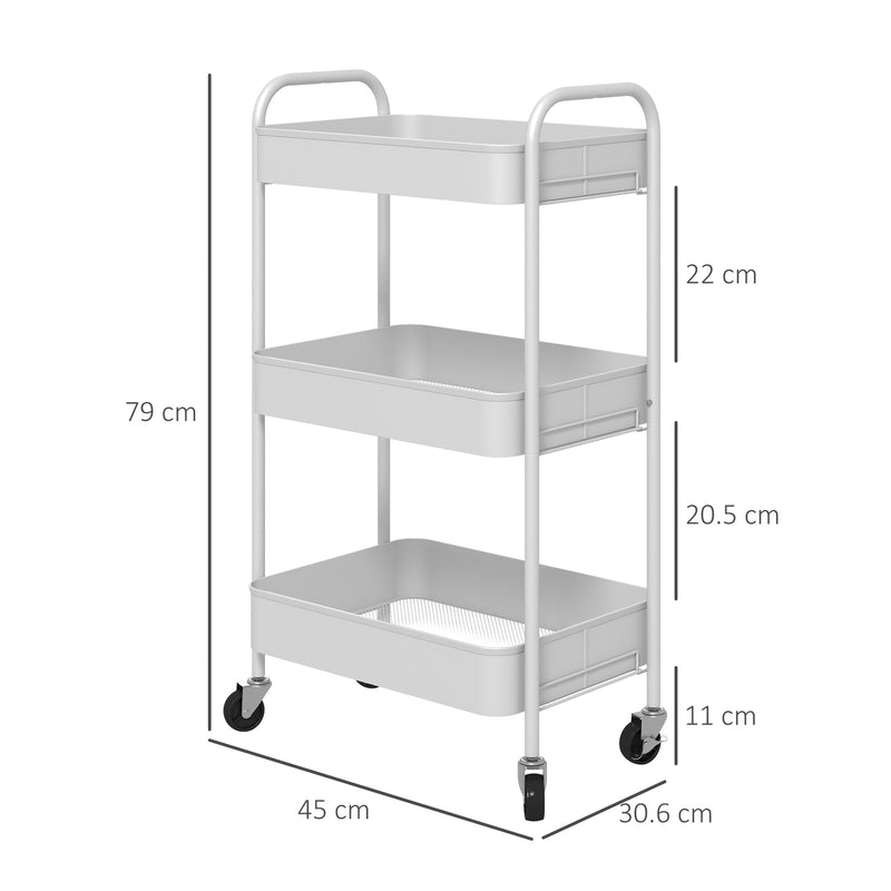 Carrello da Cucina a 3 Livelli con Maniglie e 4 Rotelle 45x30,6x79 cm in Acciaio Bianco-3