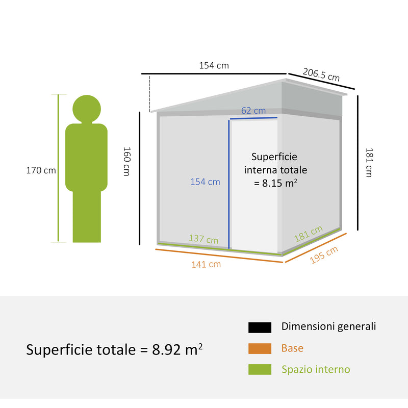 Casetta Box per Attrezzi da Giardino 154L x 206,5P x 160/181A cm con Base in Acciaio zincato Bianco-3