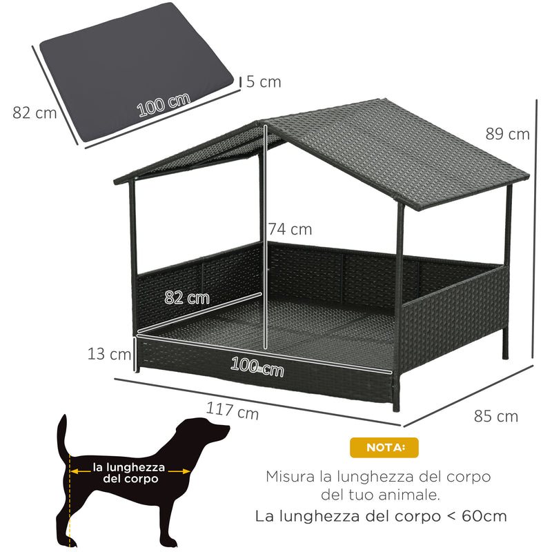 Casetta per Cani Rialzata con Cuscino Sfoderabile 117x85x89 cm in Rattan PE e Acciaio Grigio e Marrone-3