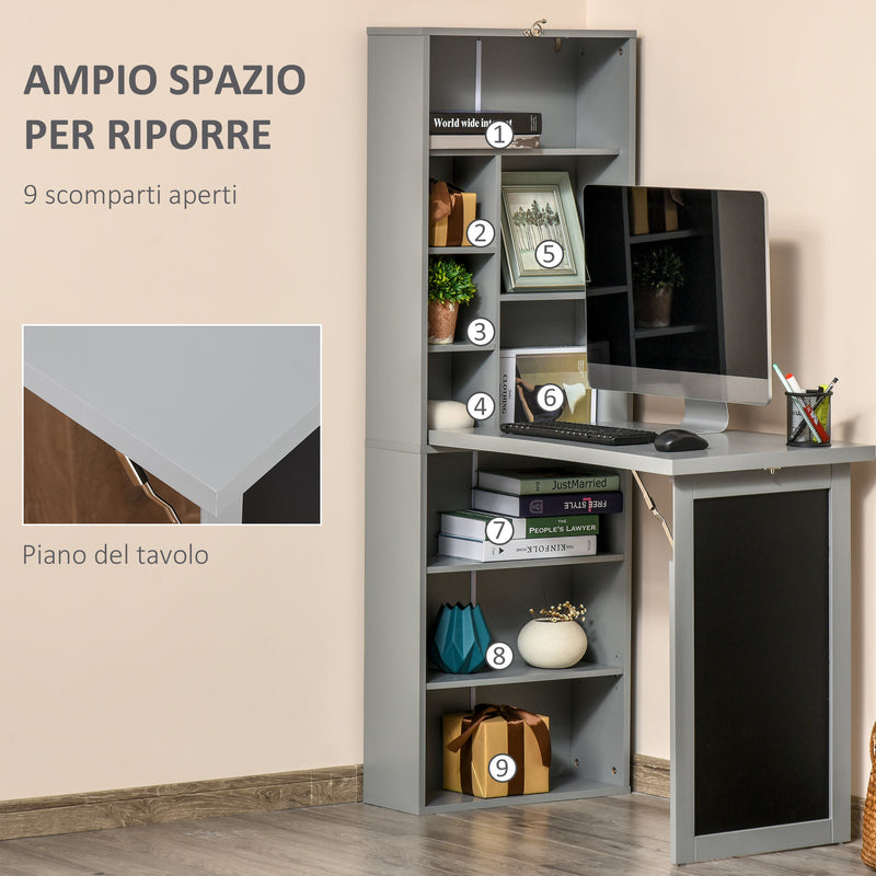 Libreria con Scrivania a Scomparsa Salvaspazio 98x51x153 cm in MDF Grigio -5