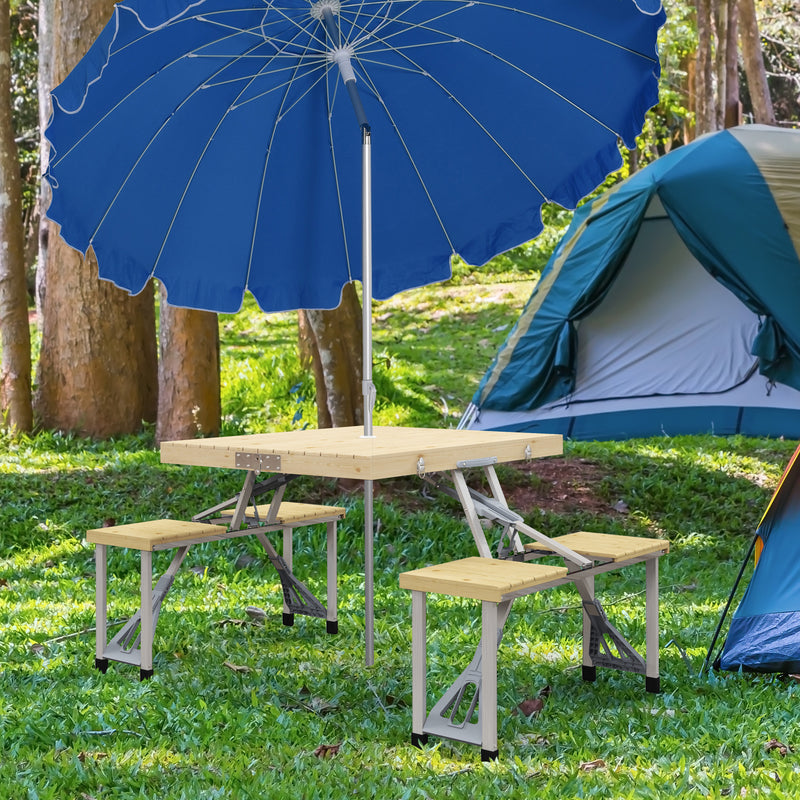 Tavolo da Picnic Pieghevole con Sgabelli Integrati e Foro per Ombrellone in Alluminio e Legno-2