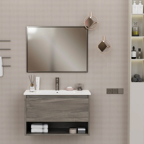 Mobile Bagno Sospeso 80 cm Lavabo e Specchio Milano Rovere sconto