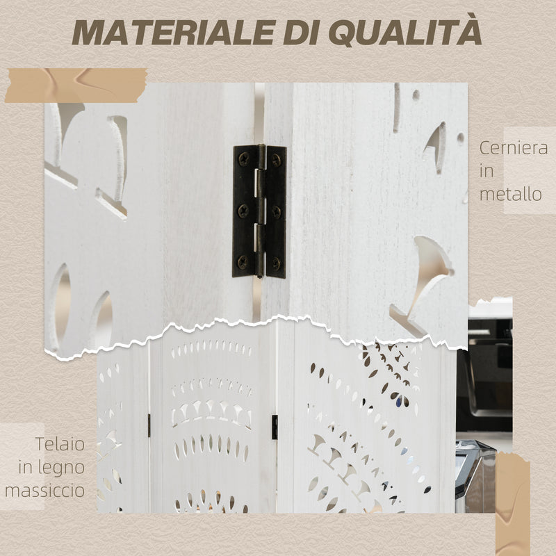 Paravento 3 Pannelli 120x170cm in Legno Intagliato Bianco  -5