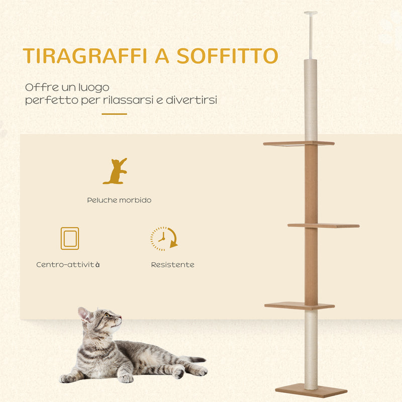 Albero Tiragraffi per Gatti a Soffitto 4 Livelli 43x27x228-260cm Altezza Regolabile Marrone-4