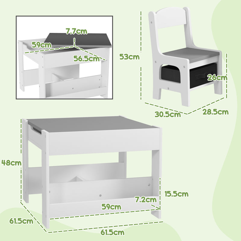 Set Tavolino per Bambini e 2 Sedie Piano del Tavolo 2 in 1 con Lavagna e Contenitori Grigio-3