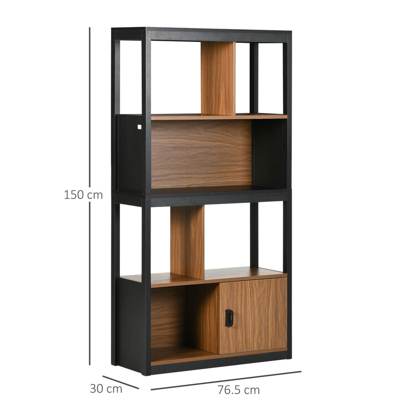 Mobile Libreria  4 Livelli Aperti con Armadietto 76.5x30x150 cm in Truciolato e MDF Marrone e Nero-3