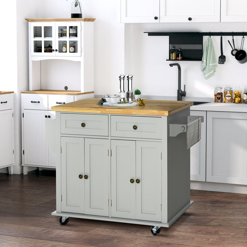 Carrello Isola da Cucina 2 Cassetti e 2 Armadietti Piano in Legno 111x44,5x82,5 cm Grigio  -2