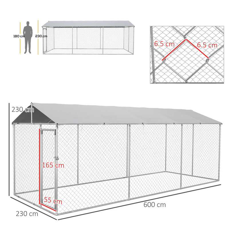 Kennel per Cani da Esterno 6x2,3x2,3m con Tetto Impermeabile in Tessuto Oxford e Acciaio Argento-3