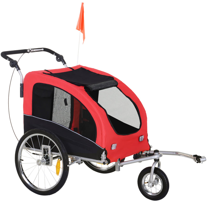 Rimorchio Bici per Cani Taglia Media a 2 Ingressi 126-155x83x108 cm con Finestrelle e Tettuccio Apribile Rosso-1