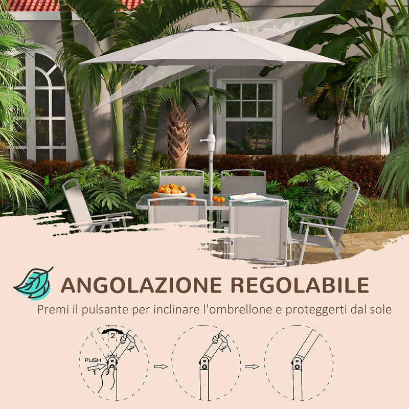 Set Tavolo con Top in Vetro 6 Sedie Pieghevoli e Ombrellone a Manovella da Giardino in Metallo e Rete Grigio-6